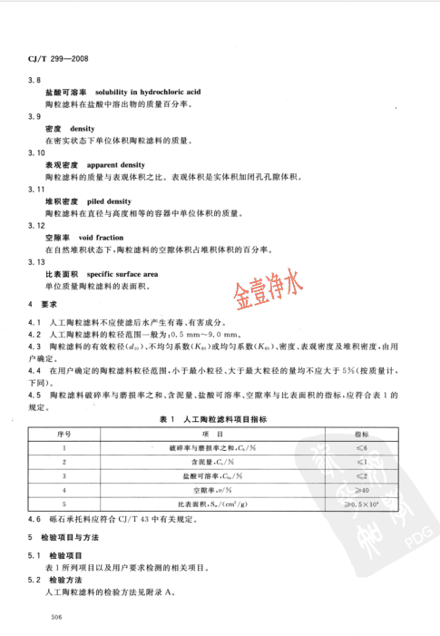 陶粒濾料國家標準內容頁（影印件）